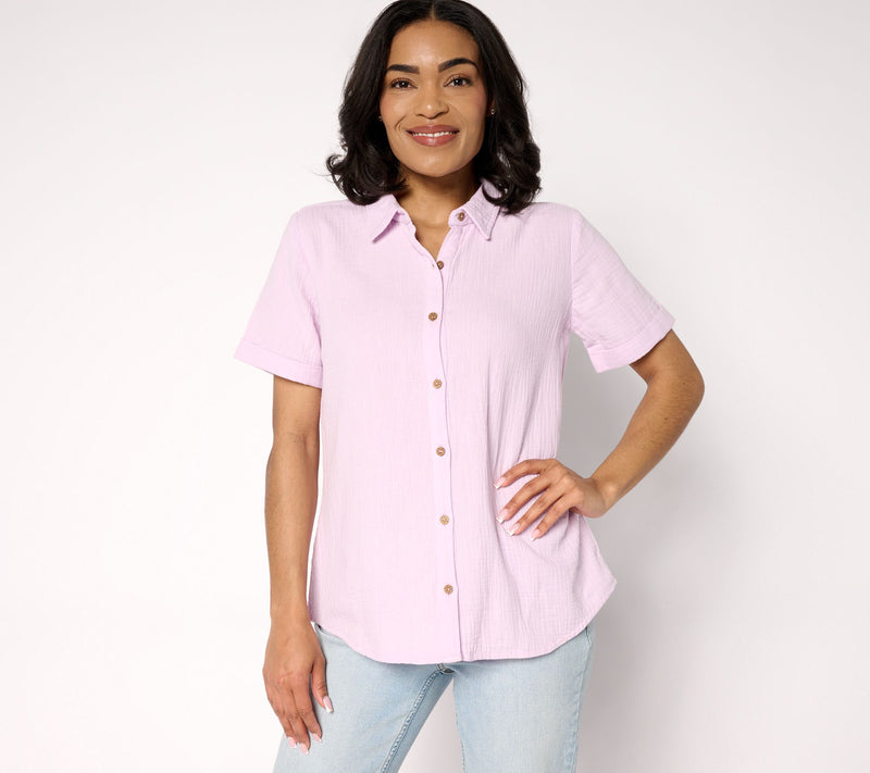 Susan Graver PURE Petite Cotton Gauze Button Front Tunic — Main view