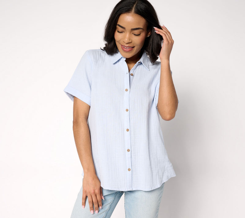 Susan Graver PURE Petite Cotton Gauze Button Front Tunic — View 20