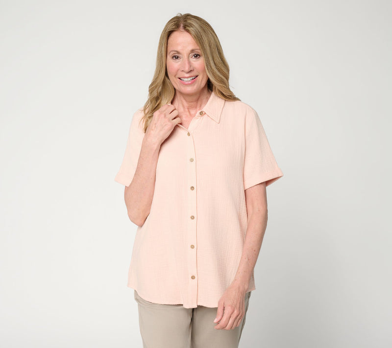 Susan Graver PURE Petite Cotton Gauze Button Front Tunic — View 22