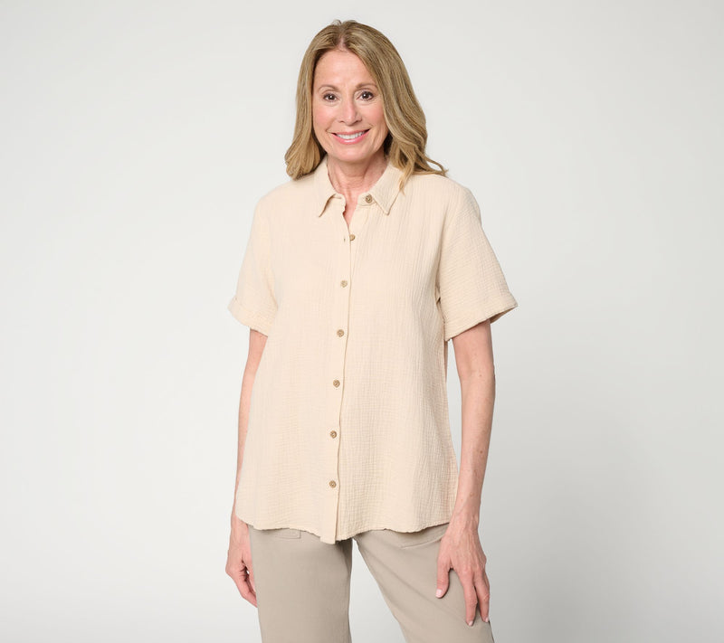 Susan Graver PURE Petite Cotton Gauze Button Front Tunic — View 23