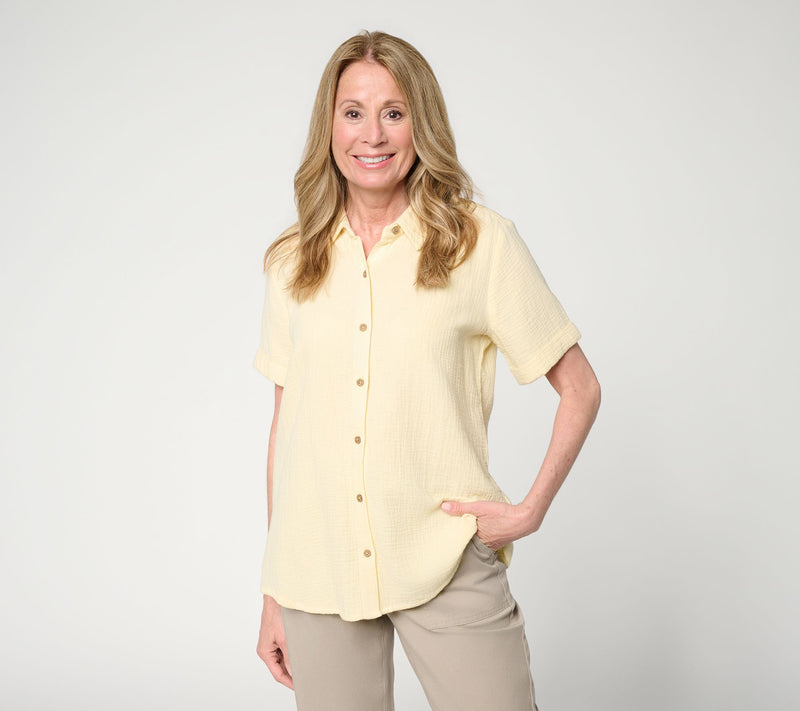 Susan Graver PURE Petite Cotton Gauze Button Front Tunic — View 24