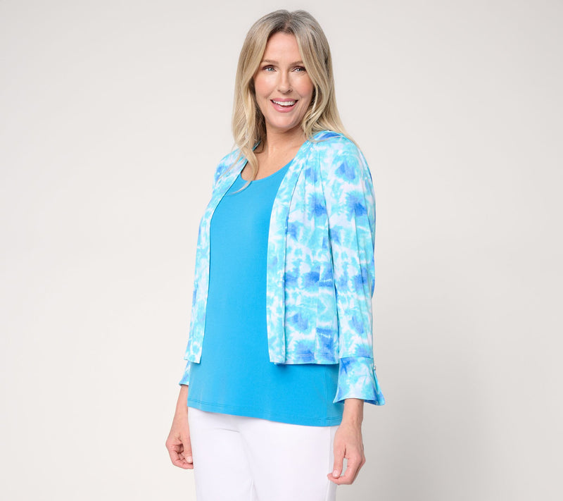 Susan Graver Print & Solid Liquid Knit Flounce Sleeve Shrug — View 22
