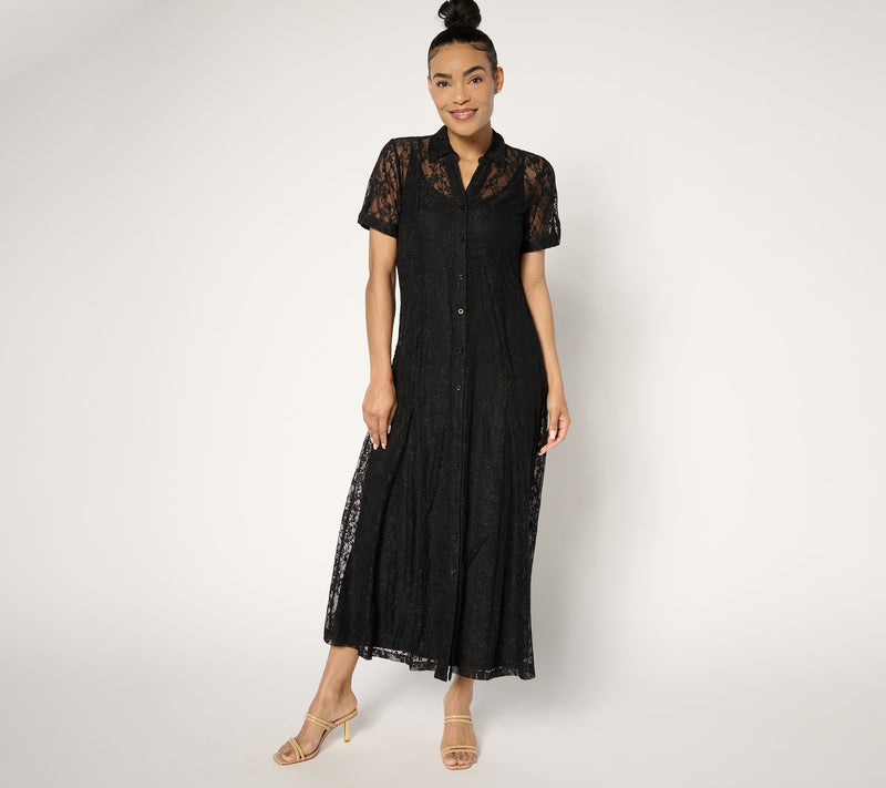 Susan Graver Regular Stretch Lace Button Front Midi Dress — View 10