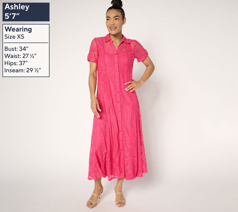 Susan Graver Regular Stretch Lace Button Front Midi Dress — View 2