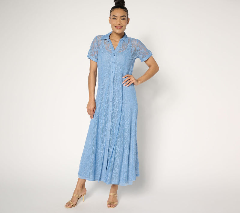 Susan Graver Regular Stretch Lace Button Front Midi Dress — View 12