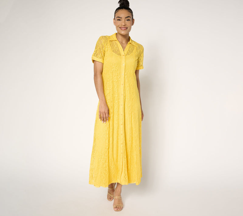 Susan Graver Regular Stretch Lace Button Front Midi Dress — View 13