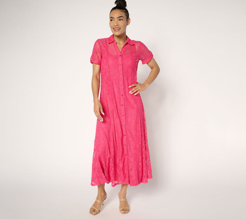 Susan Graver Petite Stretch Lace Button Front Midi Dress — Main view