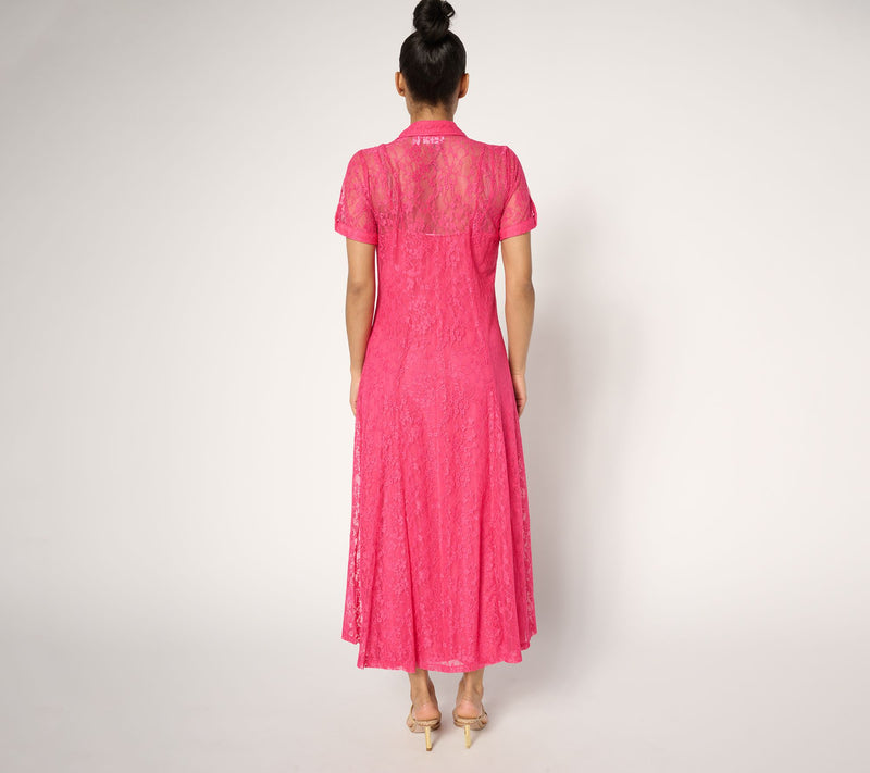 Susan Graver Petite Stretch Lace Button Front Midi Dress — View 3