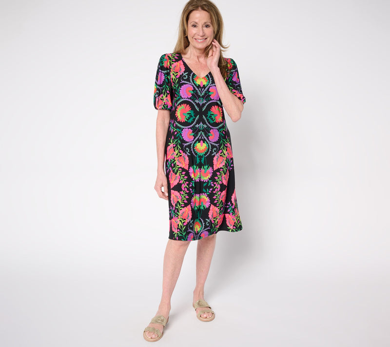 Susan Graver Petite Printed Liquid Knit Puff Sleeve V-Neck Dress — Main view