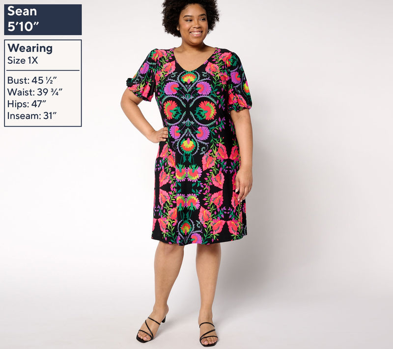 Susan Graver Petite Printed Liquid Knit Puff Sleeve V-Neck Dress — View 8