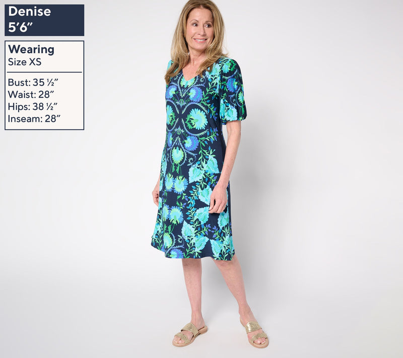 Susan Graver Petite Printed Liquid Knit Puff Sleeve V-Neck Dress — View 9