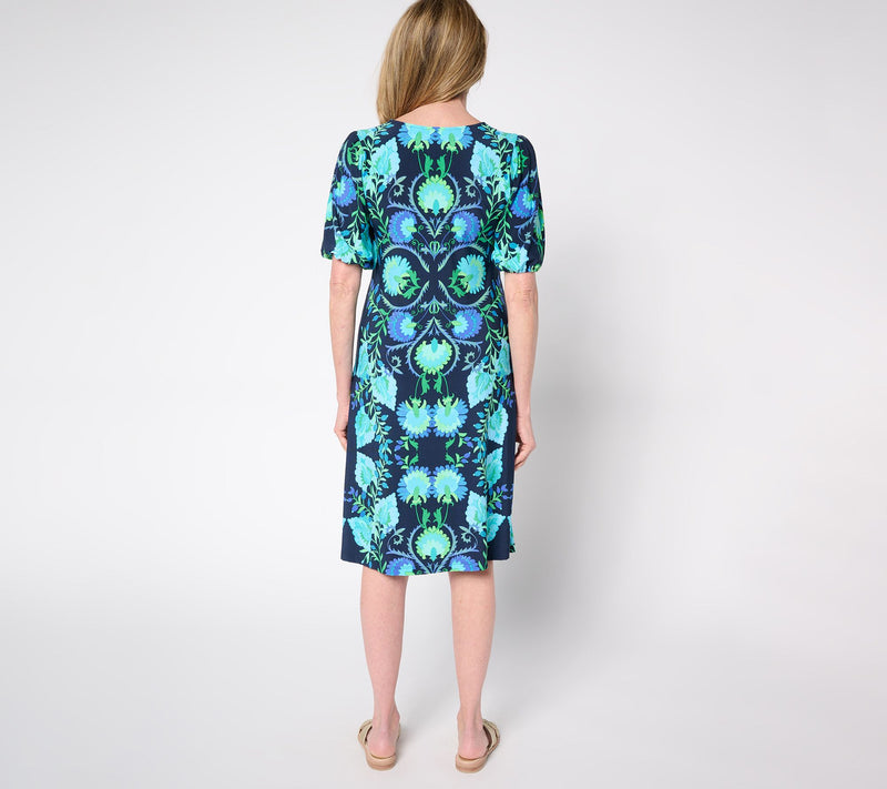 Susan Graver Petite Printed Liquid Knit Puff Sleeve V-Neck Dress — View 10