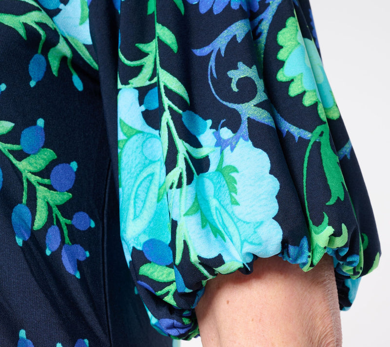 Susan Graver Petite Printed Liquid Knit Puff Sleeve V-Neck Dress — View 11
