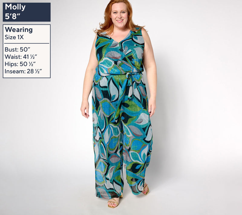 Susan Graver Petite Printed Knit Sleeveless Belted Jumpsuit — View 2