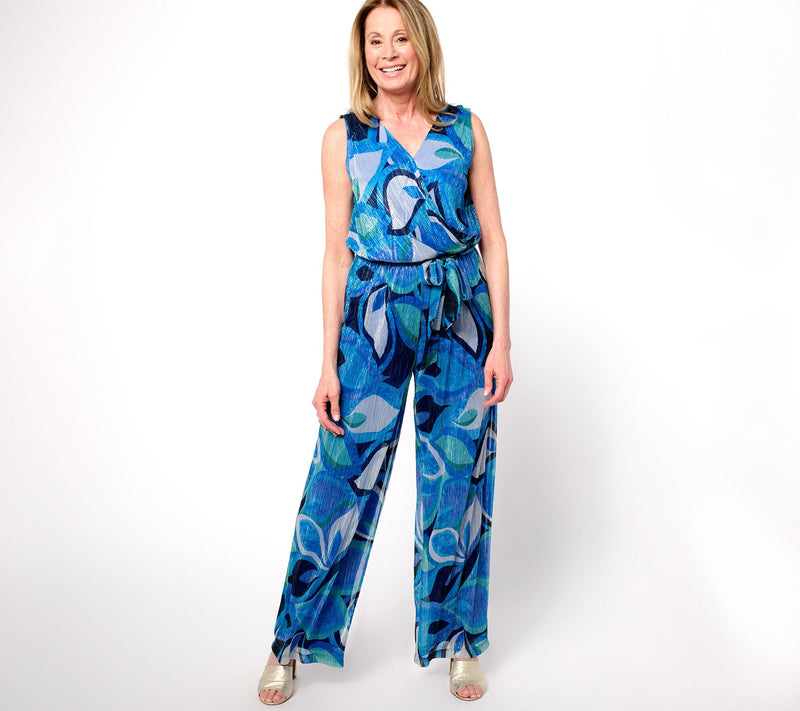 Susan Graver Petite Printed Knit Sleeveless Belted Jumpsuit — View 11