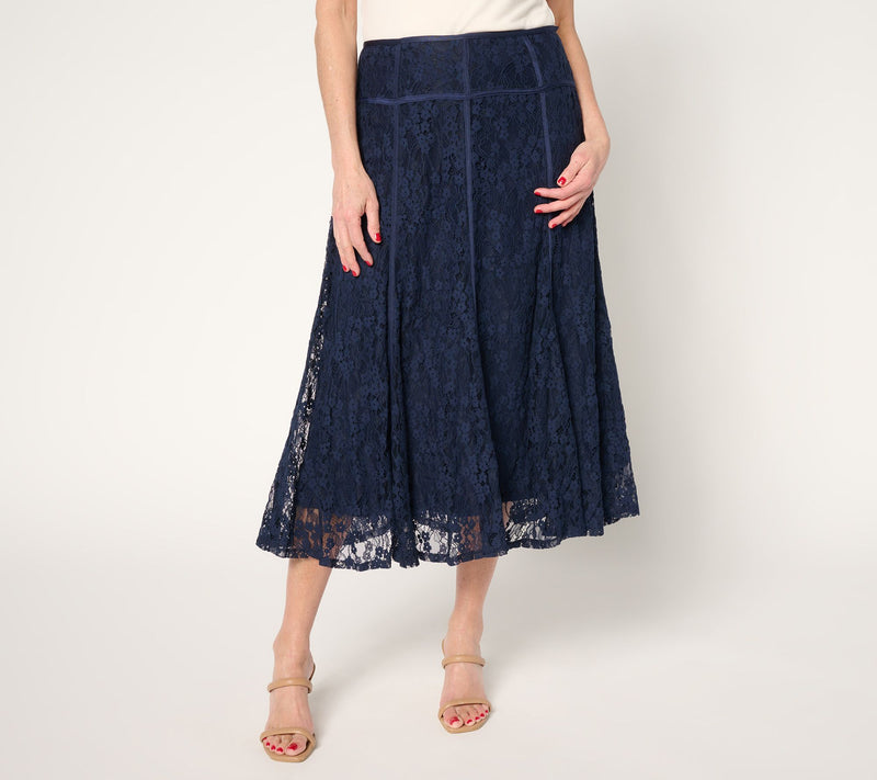 Susan Graver Occasions Petite Lace Midi Skirt w/ Piping Detail — View 5