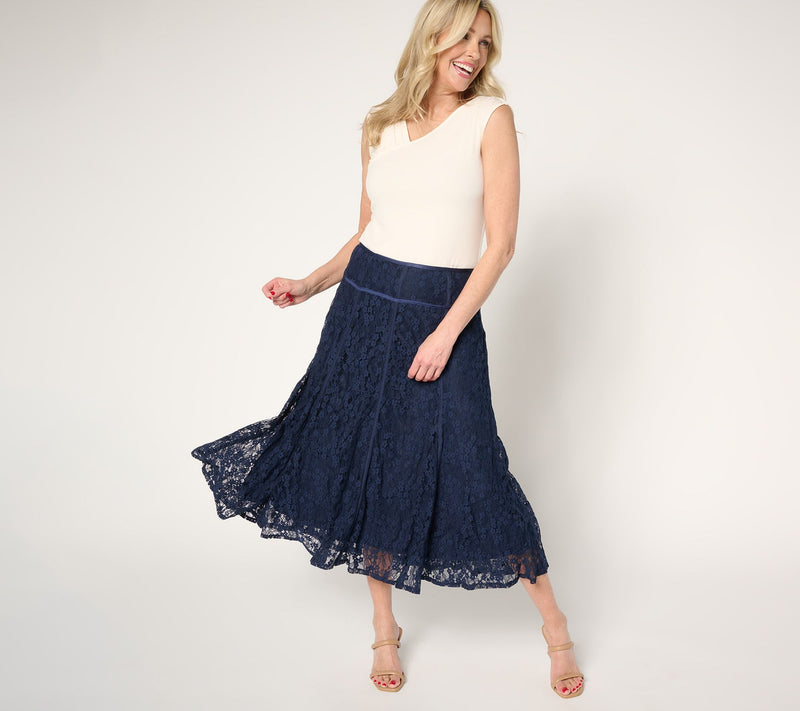Susan Graver Occasions Petite Lace Midi Skirt w/ Piping Detail — View 13