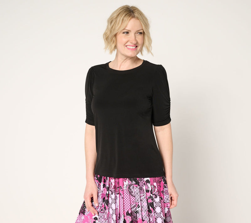 Susan Graver Liquid Knit Crewneck Top with Ruched Sleeves — View 7