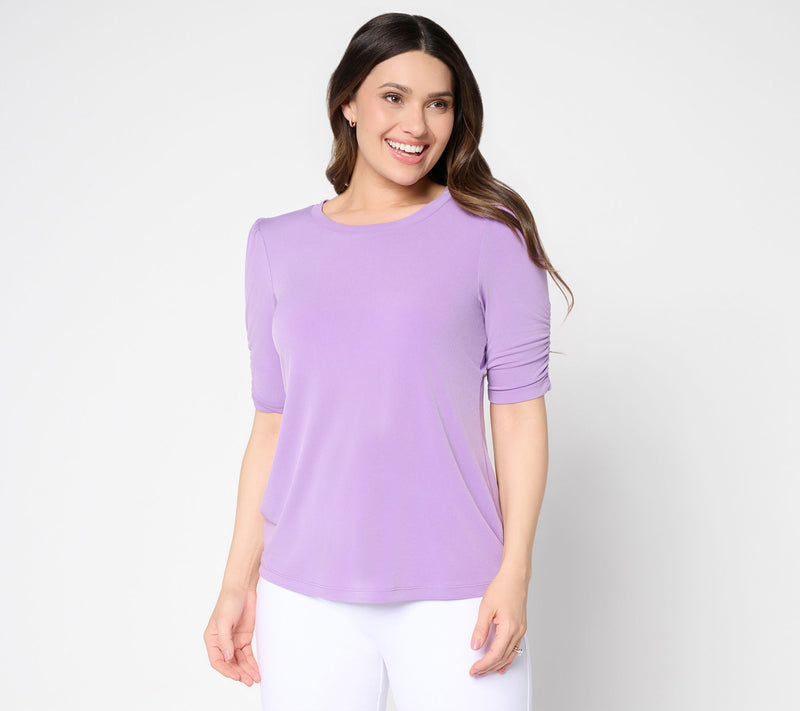 Susan Graver Liquid Knit Crewneck Top with Ruched Sleeves — View 23
