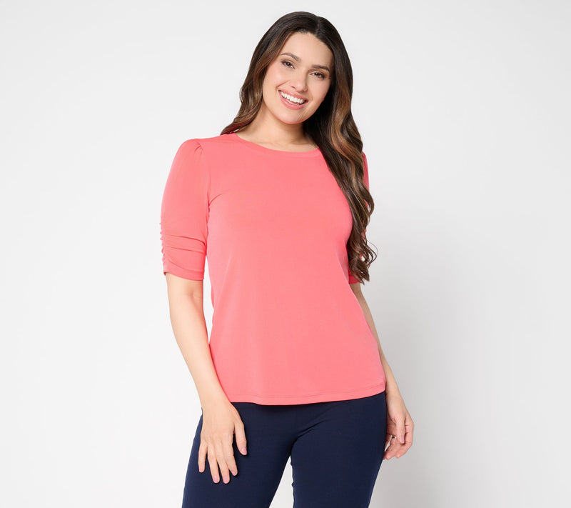 Susan Graver Liquid Knit Crewneck Top with Ruched Sleeves — View 24