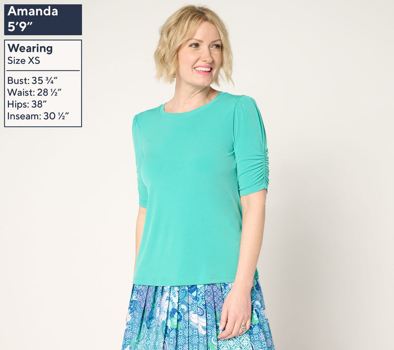 Susan Graver Liquid Knit Crewneck Top with Ruched Sleeves — View 13