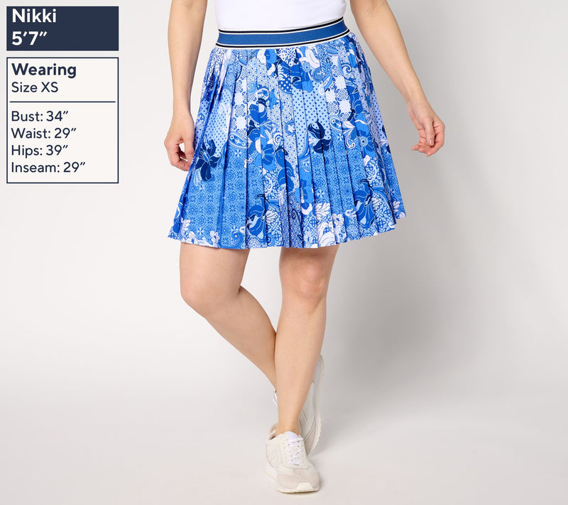 Susan Graver Courtside Social Petite Printed Woven Pleated Skort — View 3
