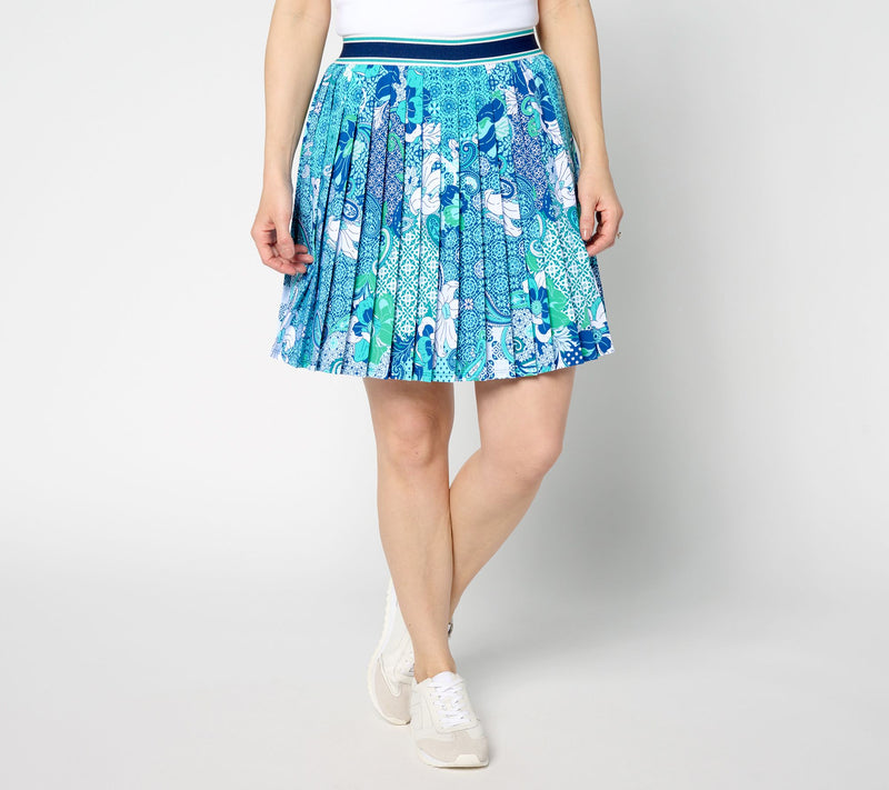 Susan Graver Courtside Social Petite Printed Woven Pleated Skort — View 15