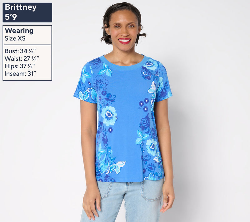 Susan Graver Courtside Social Printed Liquid Knit Cap-Sleeve Top — View 3