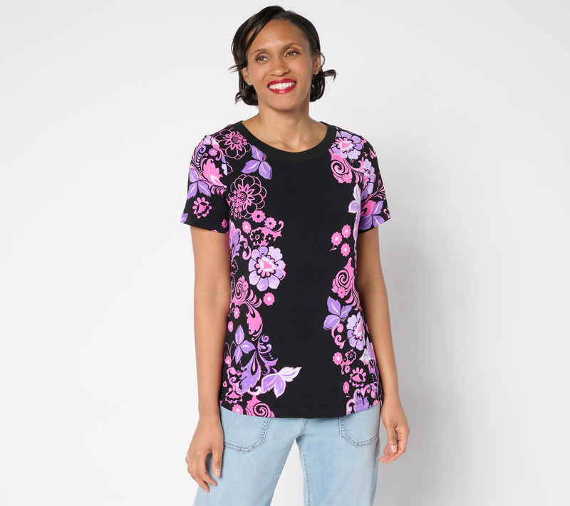 Susan Graver Courtside Social Printed Liquid Knit Cap-Sleeve Top — View 13