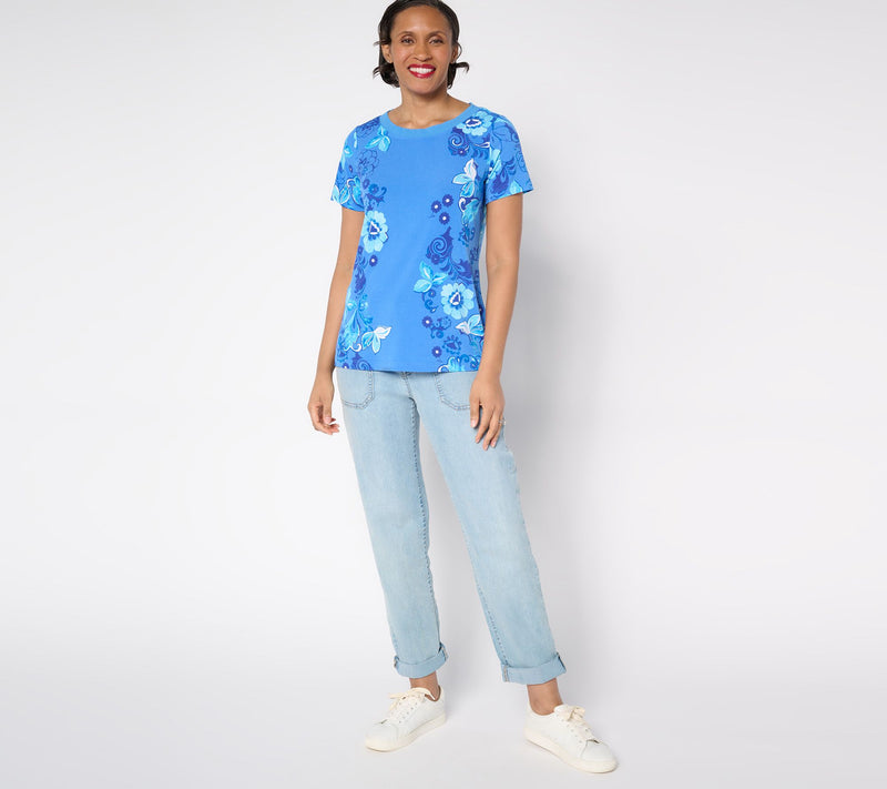 Susan Graver Courtside Social Printed Liquid Knit Cap-Sleeve Top — View 5
