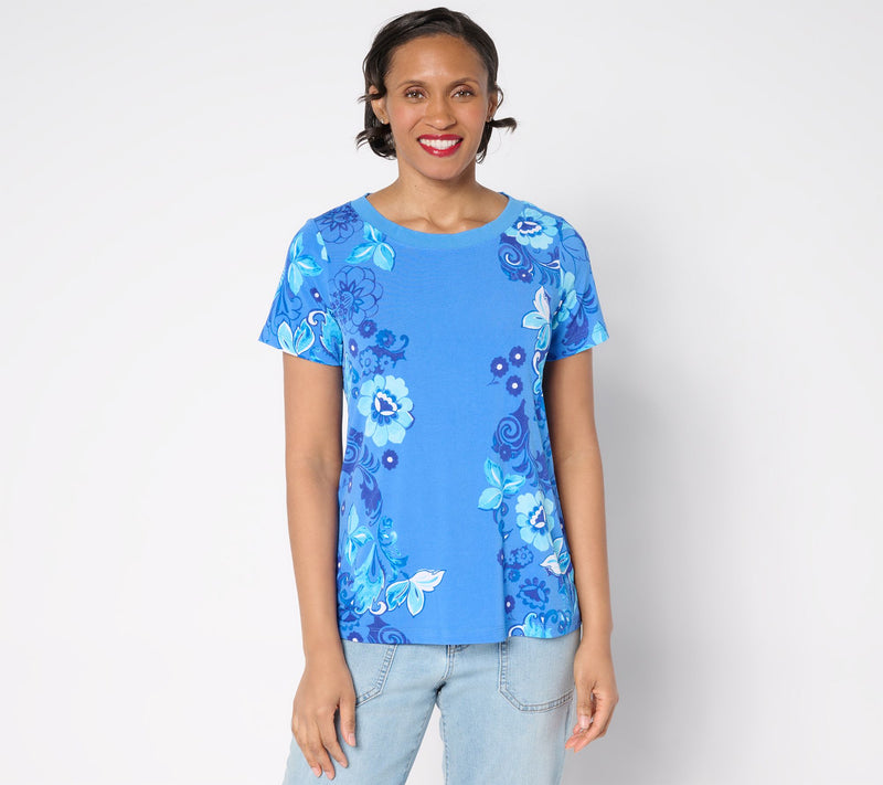 Susan Graver Courtside Social Printed Liquid Knit Cap-Sleeve Top — View 14