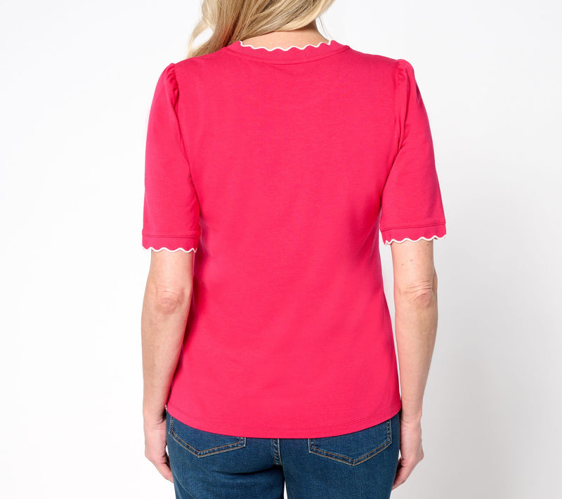 Isaac Mizrahi Live! Knit Crewneck Elbow Sleeve Top with Scallop Trim — View 4
