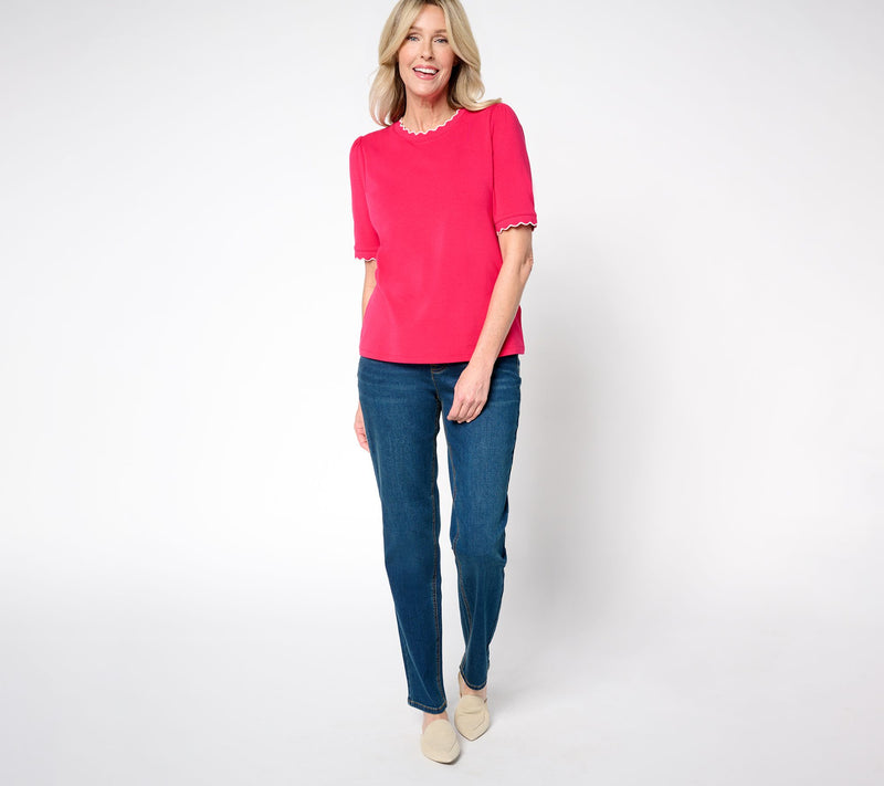 Isaac Mizrahi Live! Knit Crewneck Elbow Sleeve Top with Scallop Trim — View 5