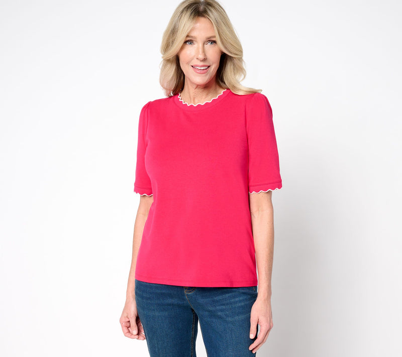 Isaac Mizrahi Live! Knit Crewneck Elbow Sleeve Top with Scallop Trim — View 13