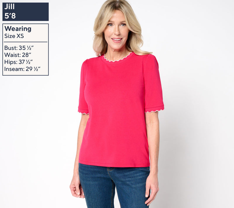 Isaac Mizrahi Live! Knit Crewneck Elbow Sleeve Top with Scallop Trim — View 3