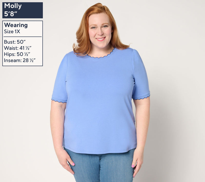 Isaac Mizrahi Live! Knit Crewneck Elbow Sleeve Top with Scallop Trim — View 2