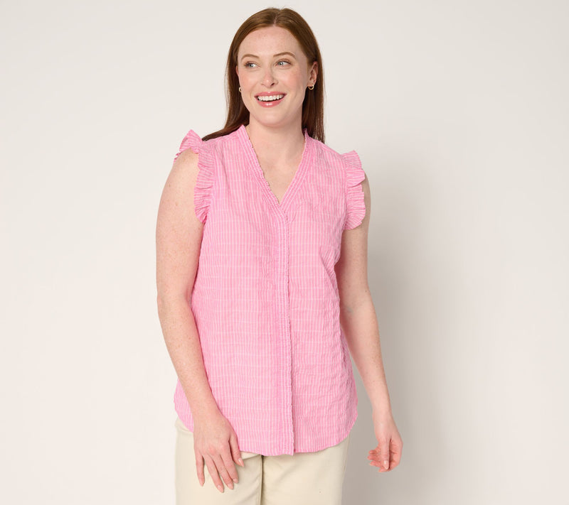 Belle by Kim Gravel Pinstripe Ruffle Shoulder Button Up Top — Main view