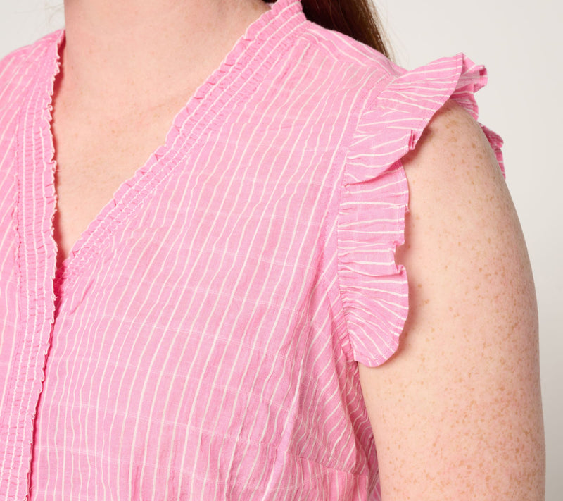 Belle by Kim Gravel Pinstripe Ruffle Shoulder Button Up Top — View 13