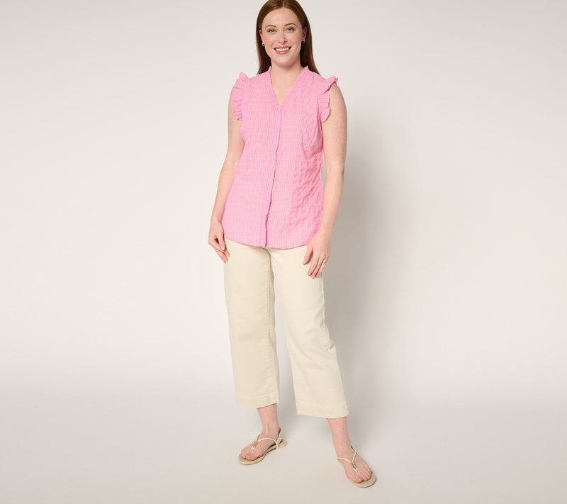 Belle by Kim Gravel Pinstripe Ruffle Shoulder Button Up Top — View 12