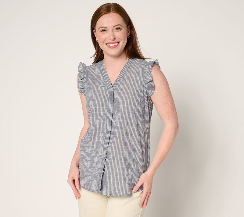 Belle by Kim Gravel Pinstripe Ruffle Shoulder Button Up Top — View 9