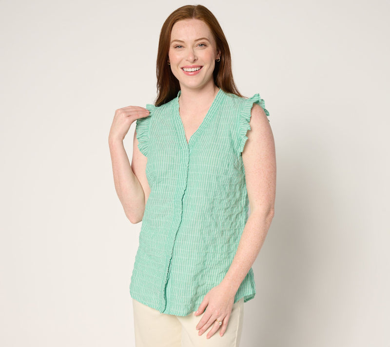 Belle by Kim Gravel Pinstripe Ruffle Shoulder Button Up Top — View 3