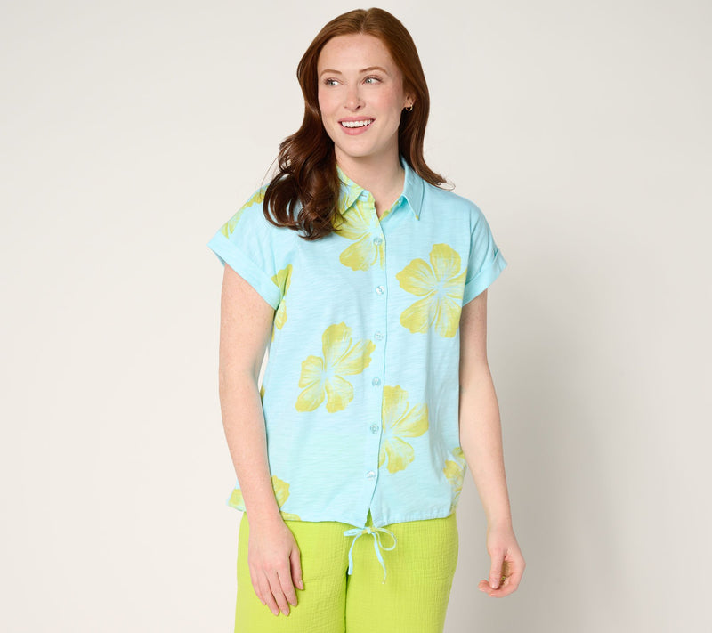 Belle by Kim Gravel Aloha Awaits Drawstring Button Up Top — View 12