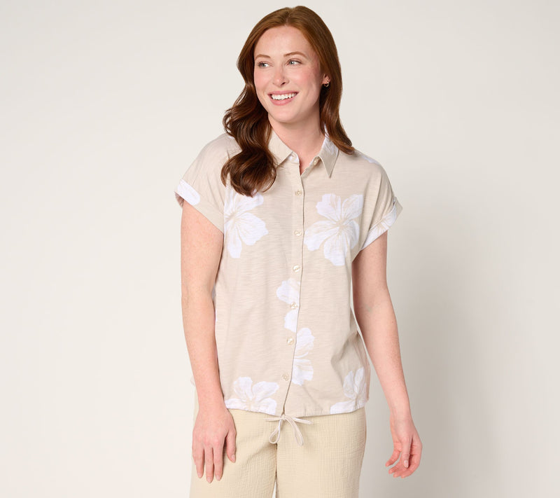 Belle by Kim Gravel Aloha Awaits Drawstring Button Up Top — View 14