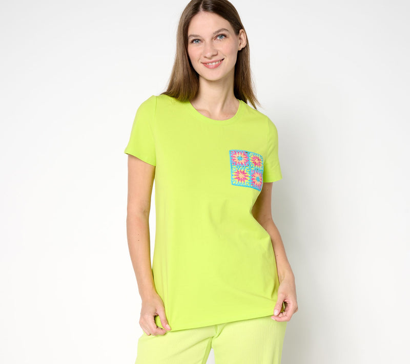 Belle by Kim Gravel Crochet Pocket Short Sleeve Top — View 3