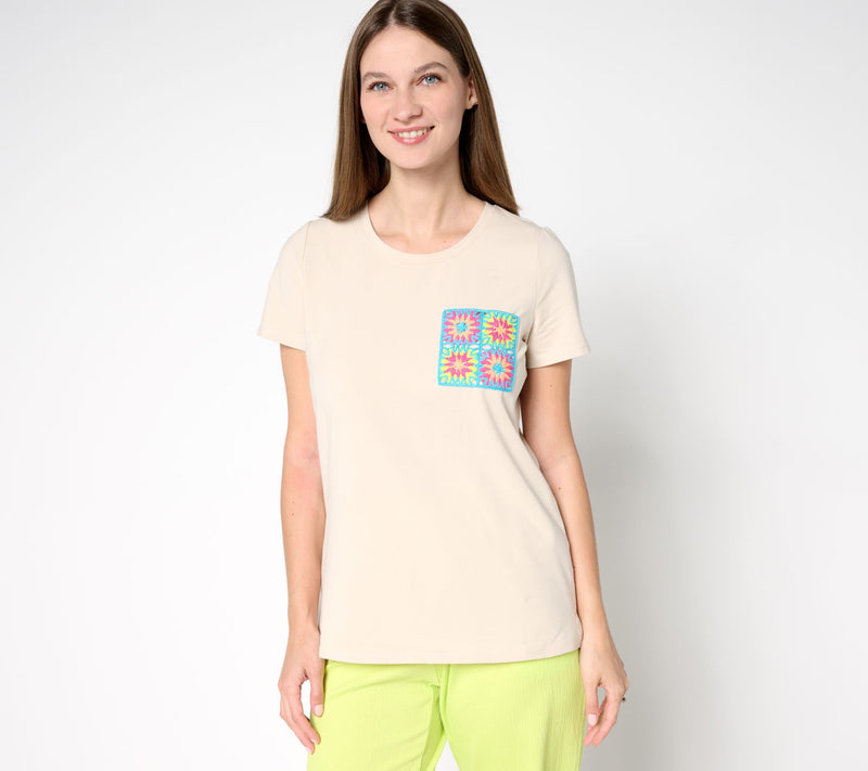 Belle by Kim Gravel Crochet Pocket Short Sleeve Top — View 7