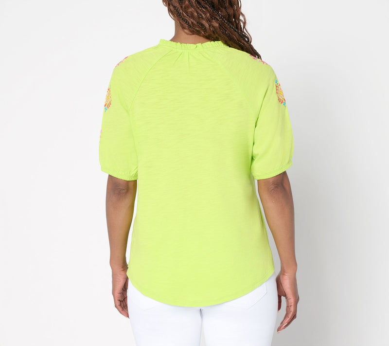 Belle by Kim Gravel Slub Knit Embroidered Sleeve Top — View 4
