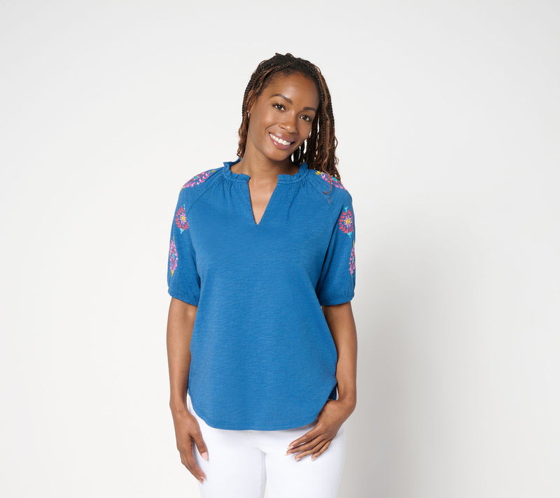 Belle by Kim Gravel Slub Knit Embroidered Sleeve Top — View 12