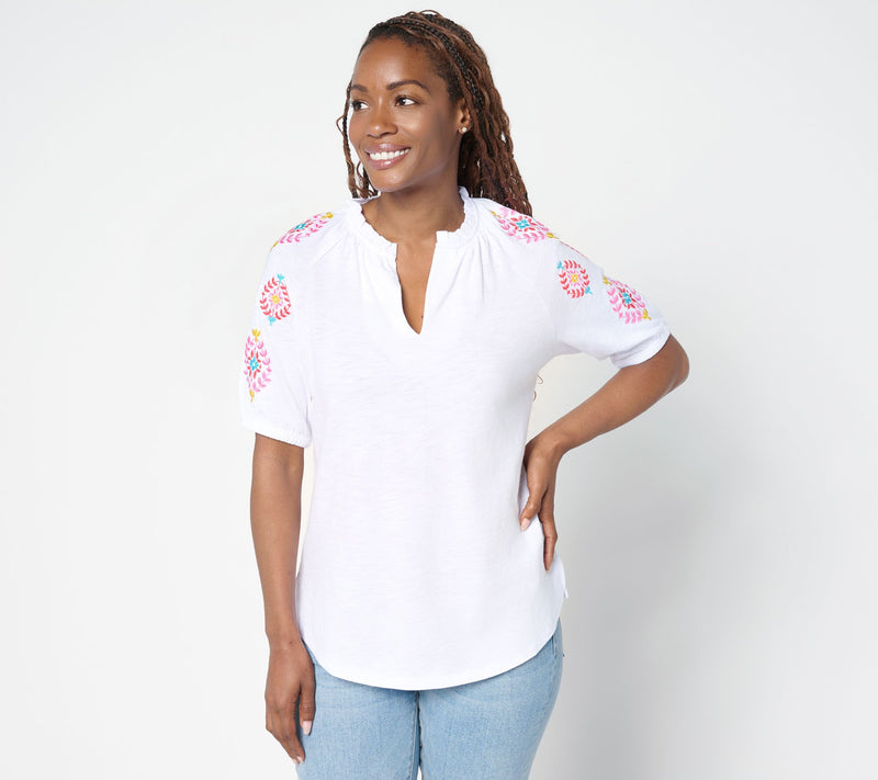 Belle by Kim Gravel Slub Knit Embroidered Sleeve Top — View 13