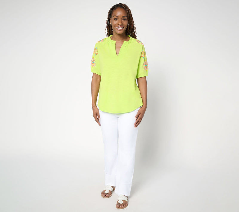 Belle by Kim Gravel Slub Knit Embroidered Sleeve Top — View 5