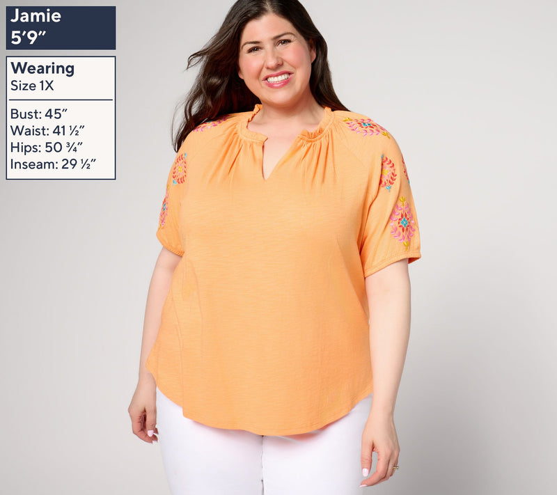 Belle by Kim Gravel Slub Knit Embroidered Sleeve Top — View 2